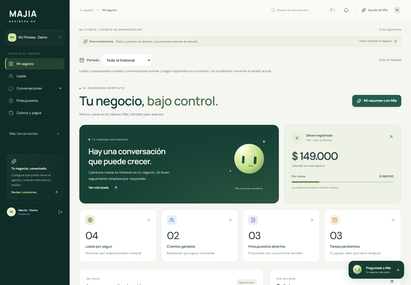 Vista de la demo de MAJIA: leads, presupuestos, cobros y tareas del negocio